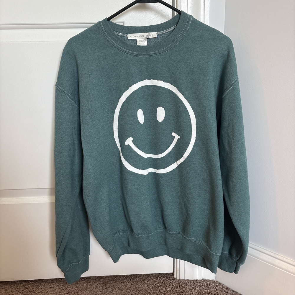 Altar'd State Green Smiley Face Crewneck Sweater
